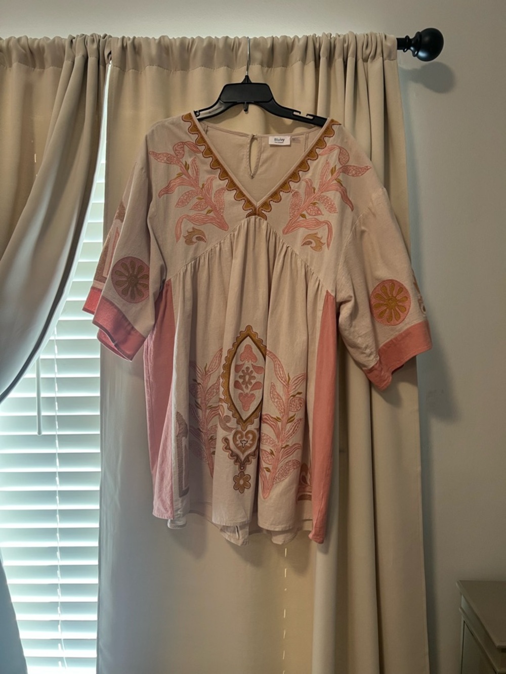 Bluivy Boho Embroidered Tunic Top Bell Sleeve Babydoll Dress Large